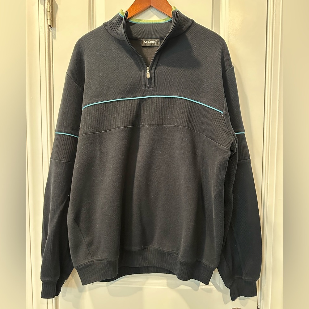 St. Croix Men’s Black Quarter-Zip Pullover with Blue and Green Trim, Size Large